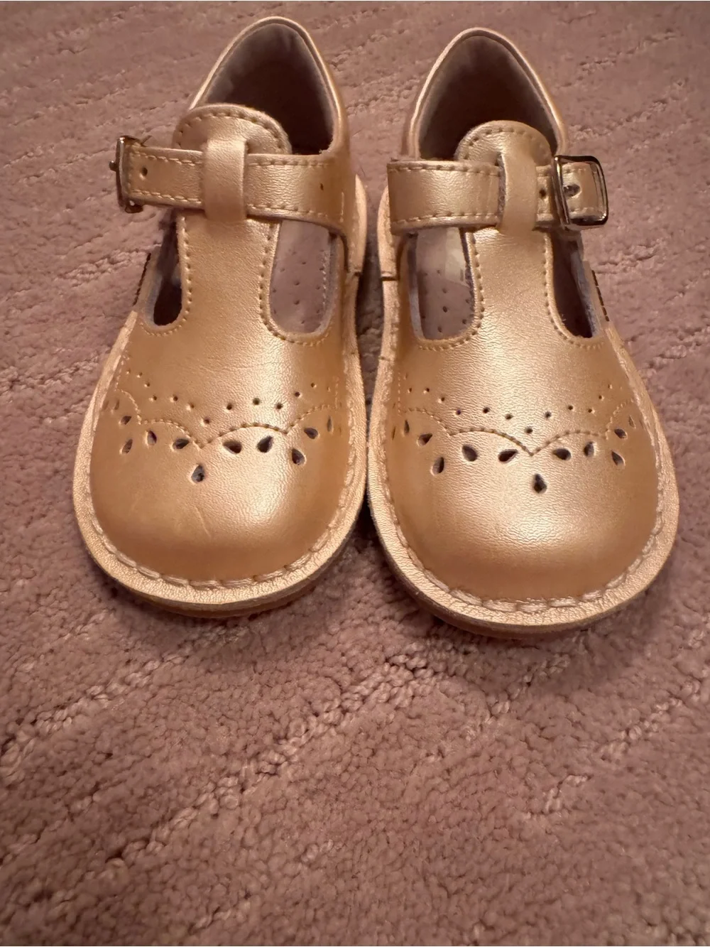 L'Amour Girls' Tan T-Strap Decorative Mary Janes